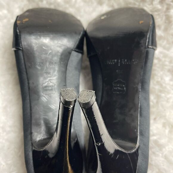 WHBM Black Satin  slip on heels pleated front peep toe faux leather trim SZ9M - Picture 7 of 7